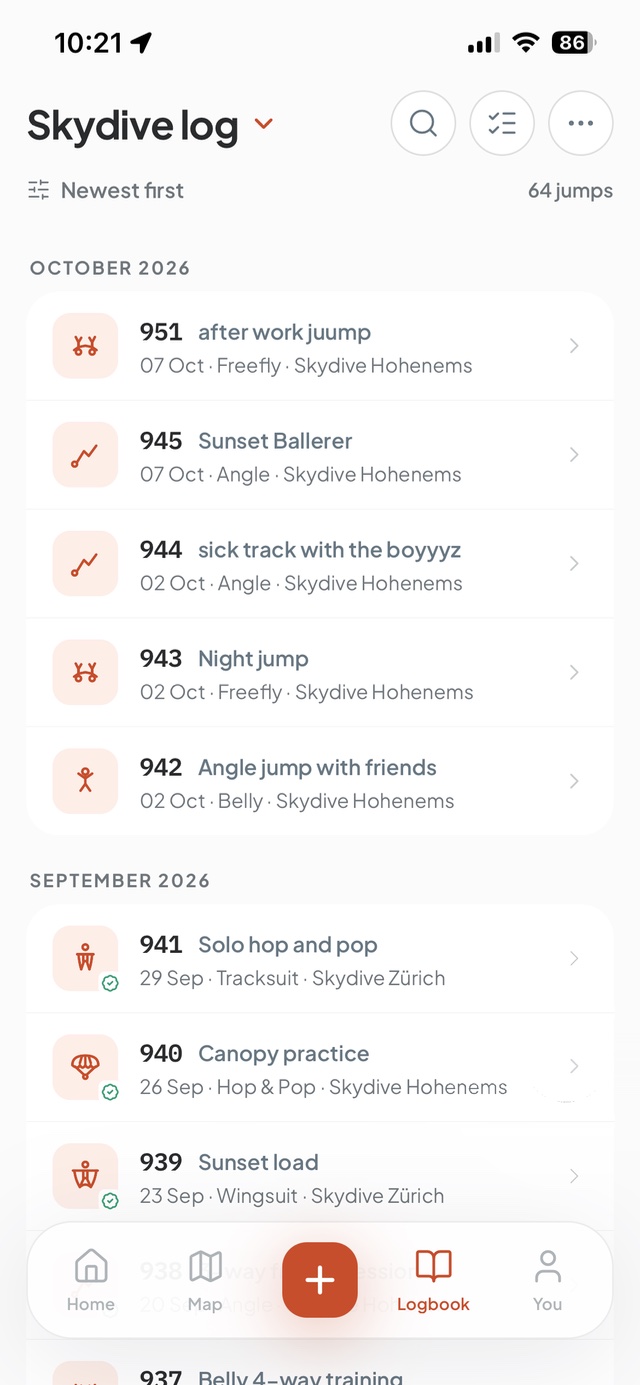 Skydive logbook